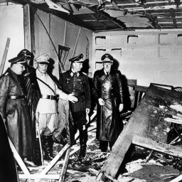 Reichsmarschall Hermann Göring (helle Uniform) und der Chef der «Kanzlei des Führers», Martin Bormann (l.) begutachten die Zerstörung nach dem Attentat im Führerhauptquartier.
