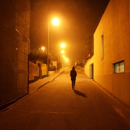 Eine Frau läuft bei Nacht auf einer Straße durch ein menschenleeres Wohngebiet.