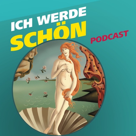 Covergrafik der Podcast-Folge von "Meine Challenge": Ich werde schön. Die Illustration zeigt eine nackte Frau, die in einer Muschelhälfte steht. Daneben der Schriftzug: Ich werde schön. Gestaltung: Jessica Brautzsch