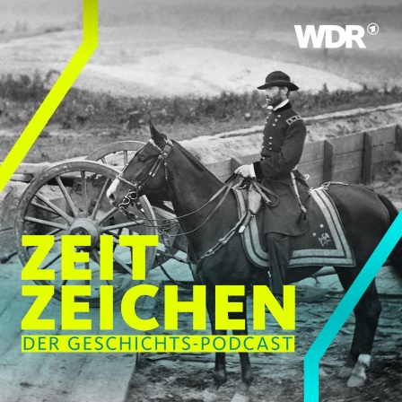 US-General William Sherman auf einem Pferd, neben ihm steht eine Kanone