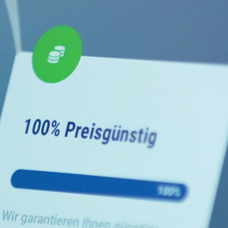 Werbung für einen Stromanbieter. Auf einem Bildschirm ist zu lesen: "100% Preisgünstig".