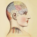 Historische Zeichnung eines Kopfes mit unterschiedlich eingefärbten Bereichen des Gehirns.
