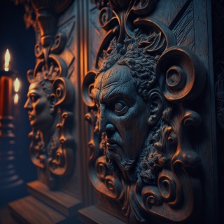 Zwei verschnörkelte Reliefs mit Gesichtern bei Kerzenschein.