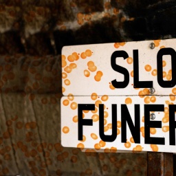 Ein Schild mit der Aufschrift "Slow Funeral". Die Fotografie wird durch eine Grafik von orange farbenen Punkten überlagert.