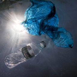 Unterwasseraufnahme von Plastik-Abfall in Form einer PET Flasche und einer Plastiktüte.