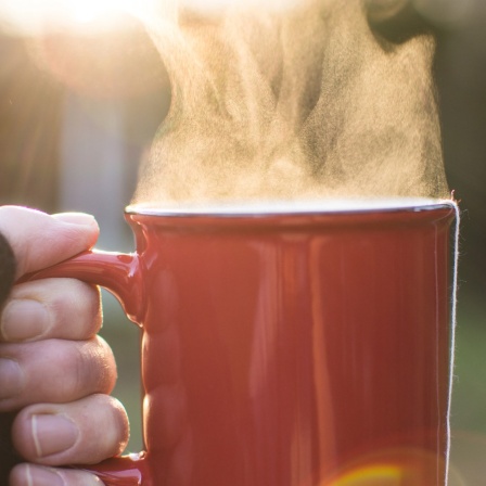 Eine Hand hält eine Tasse mit einer heißen dampfenden Flüssigkeit. 