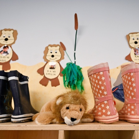 Kinder-Gummistiefel und ein Kuscheltier liegen auf einem Regal.