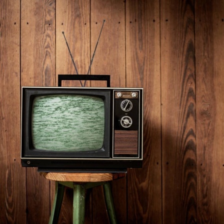 Ein alter Fernseher vor einer Holzwand.