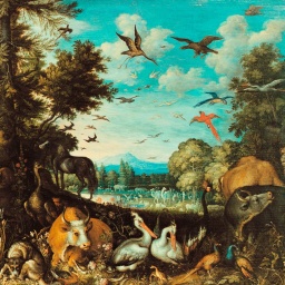 Friedlich ruhen Tiere nebeneinander im Schatten der Bäume in der Paradieslandschaft. Repro des Gemädes "Paradies" von Roelant Savery (1576-1639) von 1618, Öl auf Eichenholz, 55 x 107 cm. 