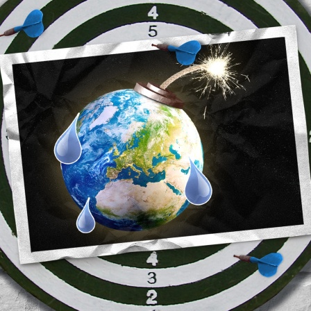 Eine Bildmontage zeigt die Erde aus der, wie bei einer Bombe, eine Zündschnur hängt, die bereits brennt. Außerdem schwitzt die Erdkugel