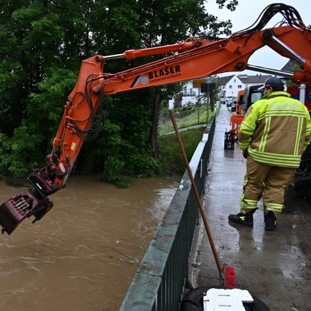 Ein Bagger holt Bruchholz aus dem Fluss Schussen, die Teile von Meckenbeuren überschwemmt hatte.