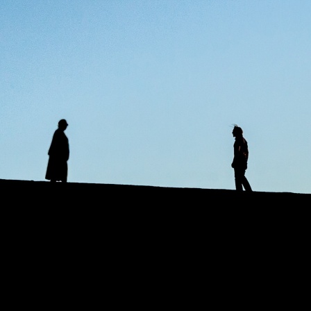 Schatten einer Frau und eines Mannes am Horizont, die sich im Streit gegenüber stehen 