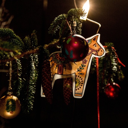 Weihnachtsschmuck und Lichterkette an einem Tannenbaum