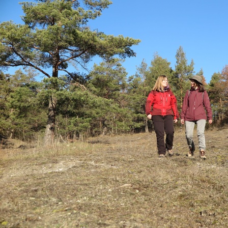 Zwei Frauen wandern durch eine Thüringer Landschaft.