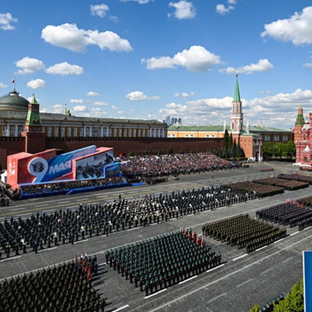 RUSSIA, MOSCOW - MAY 9, 2023: Servicemen march in formation during a Victory Day military parade in Red Square marking the 78th anniversary of the victory over Nazi Germany in World War II.