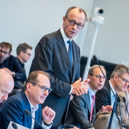 Friedrich Merz (M), CDU/CSU-Fraktionsvorsitzender im Bundestag und CDU-Bundesvorsitzender, spricht zu Beginn der Fraktionssitzung im Bundestag.