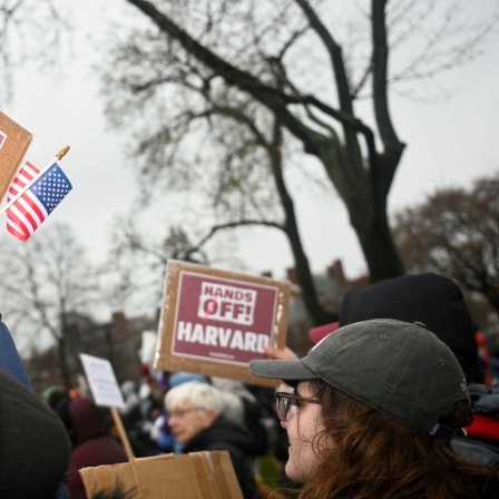 Demonstranten versammeln sich auf dem Cambridge Common zu einem von der Stadt Cambridge organisierten Protest und fordern die Harvard-Führung auf, sich der Einmischung der Bundesregierung in die Universität zu widersetzen ( Massachusetts, 12.04.2025).