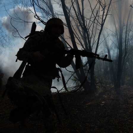 Silhouette eines Soldaten im Einsatz in einem Waldstück, im Hintergrund Rauch.
