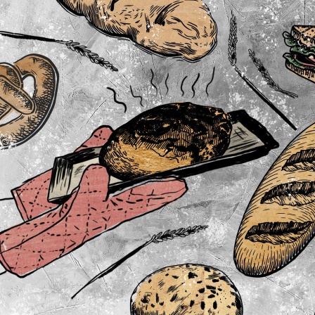Die Grafik für WDR 5 Tiefenblick "Von Schnitten und Stullen" zeigt verschiedene Brotsorten, belegtes Sandwich und ein Backblech mit frisch gebackenem Brot, gehalten von zwei Händen in Backhandschuhen