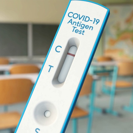 Testpflicht in Schulen. Negativer Corona-Antigen-Test vor Klassenzimmer.