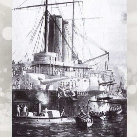Die HMS St George und HMS Philomel im Hafen von Sansibar 1896, Zeichnung