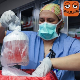 Eine Krankenschwester in OP-Kleidung nimmt eine Schweineniere in einem Plastikbeutel aus einer Kühlbox.
