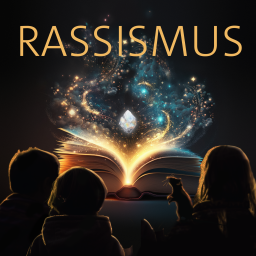 Drei Kinder und eine Ratte sitzen vor einem leuchtenden Buch – darüber das Wort „Rassismus“