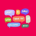 Farbige Sprechblasen auf rotem Hintergrund. Darin englische Begriffe: Great, Yes, Omg, Wow, Thank You, Ok, Welcome, Nice.