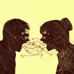 Illustration: Ein Mann und eine Frau streiten sich, zwischen ihnen fliegen Zahlen und Pfeile.