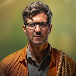 Ein junger Mann mit schwarzer Brille, Drei-Tage-Bart, kurzen dunklen Haaren, grauem Hemd und einer geöffneten, orangenfarbenen Outdoorjacke hat ein Seil auf seiner linken Schulter liegen.