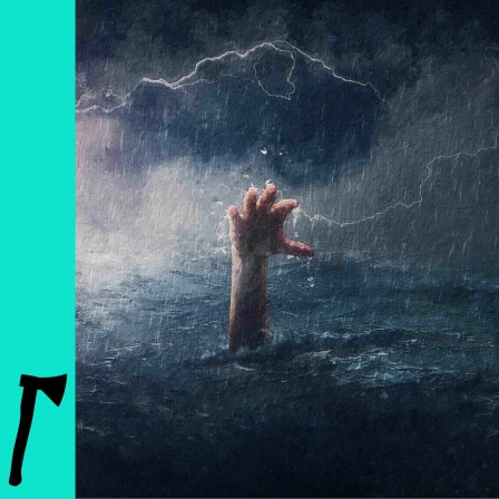 Surreales Gemälde eines im Meer ertrinkenden Mannes, der seine Hand unter Wasser hochhebt.