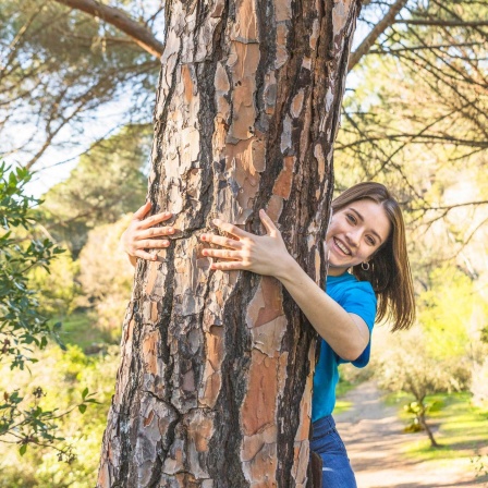 Frau die lachend einen Baum im Wald umarmt