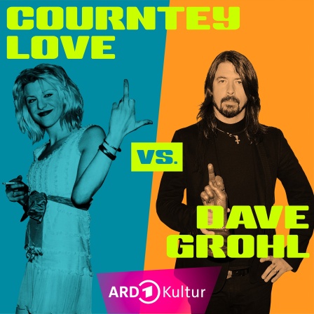 Auf einem farblich geteilten Bild sind links Courtney Love und rechts Dave Grohl im Portrait-Format zu sehen