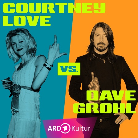 Auf einem farblich geteilten Bild sind links Courtney Love und rechts Dave Grohl im Portrait-Format zu sehen