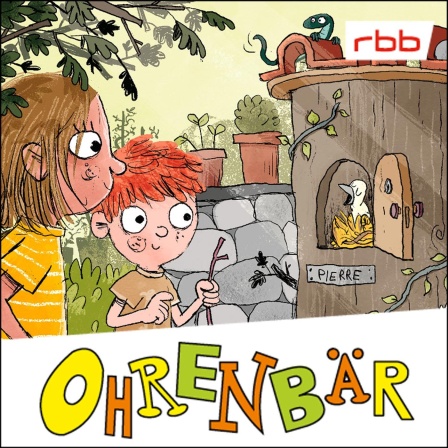 Buntes Zeichnung: ein Mädchen und ein kleinerer Junge, sie stehen vor einem singenden Vogel, im Holzkäfig, Namensschild "PIERRE" (Quelle: rbb/OHRENBÄR/Nikolai Renger)