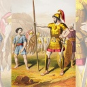 David tritt gegen Goliath an. Aus der Heiligen Bibel veröffentlicht von William Collins, Sons, & Company 1869.