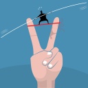 Illustration einer Hand, die das Victory-Zeichen zeigt. Dazwischen balanciert auf einem Seil eine Person mit Stab und hat Probleme das Gleichgewicht zu halten