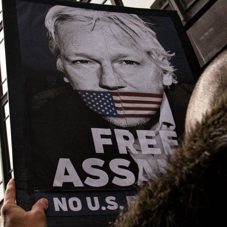 Ein Mann hält ein Free-Assange-Schild hoch.