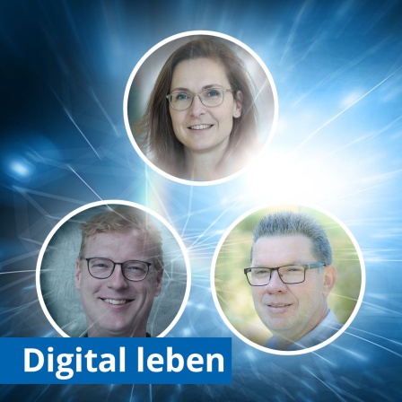 Logo vom Podcast &quot;Digital leben&quot; mit den Porträts der Gäste Elsa Kirchner, Uwe Scholz und des Hosts Marcel Roth