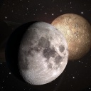 Eine Weltraum-Collage mit der Mondsichel, Saturn und Merkur.