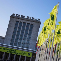 Flaggen mit dem Logo der Internationalen Grünen Woche wehen vor dem Messeturm (Bild: picture alliance/Jörg Carstensen)