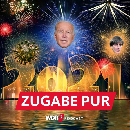Satirische Fotomontage: Silvesterfeuerwerk aus der Jahreszahl 2021, in den Funken sieht man die Köpfe von Joe Biden und Joachim Löw sowie das stilisierte Coronavirus