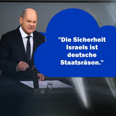 Bundeskanzler Olaf Scholz (SPD) gab am 12. Oktober 2023 in der Plenarsitzung im Deutschen Bundestag eine Regierungserklärung zur Lage in Israel ab. Unter anderem sagte er: &#034;Die Sicherheit Israels ist deutsche Staatsräson. Unsere eigene Geschichte, unsere aus dem Holocaust erwachsene Verantwortung macht es uns zur immerwährenden Aufgabe, für die Existenz und für die Sicherheit des Staates Israel einzustehen. Diese Verantwortung leitet uns.&#034;