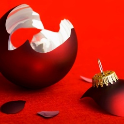 Eine rote Weihnachtskugel liegt zebrochen auf dem Boden, vor rotem Hintergrund.