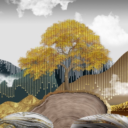 Illustration von einer Landschaft mit goldenen Wellen und Bergen.