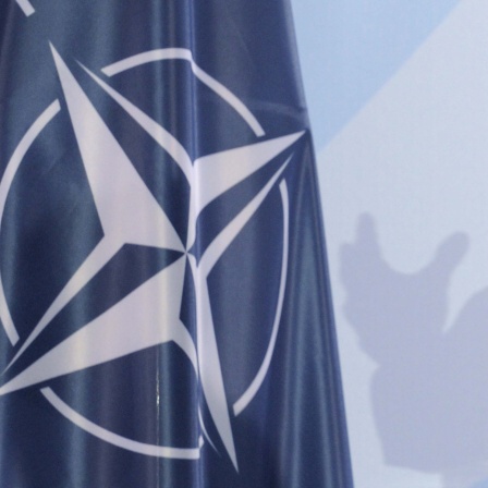 Symbolbild: NATO-Fahne mit Schatten einer Person.