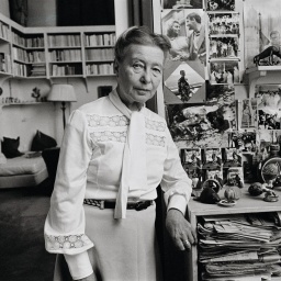Simone de Beauvoir steht in ihrer Wohnung voller Bücher und schaut in die Kamera