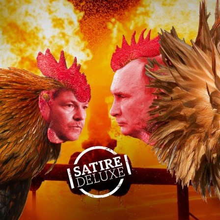 Satirische Fotomontage: Zwei Kampfhähne mit den Köpfen von Wladimir putin und Robert Habeck stehen sich vor einer brennenden Gaspipeline gegnüber