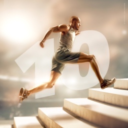 Ein Mann in grauer Sportkleidung sprintet eine Treppe hinauf. Im Hintergrund ist die Zuschauertribüne eines Stadions angedeutet. Als Wasszeichen die Zahl Zehn.