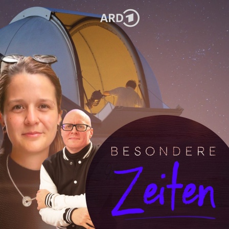 Montage: Astrophysikerin Jana Steuer, Nico Wieditz, Münchner Volkssternwarte vor einem Sternenhimmel